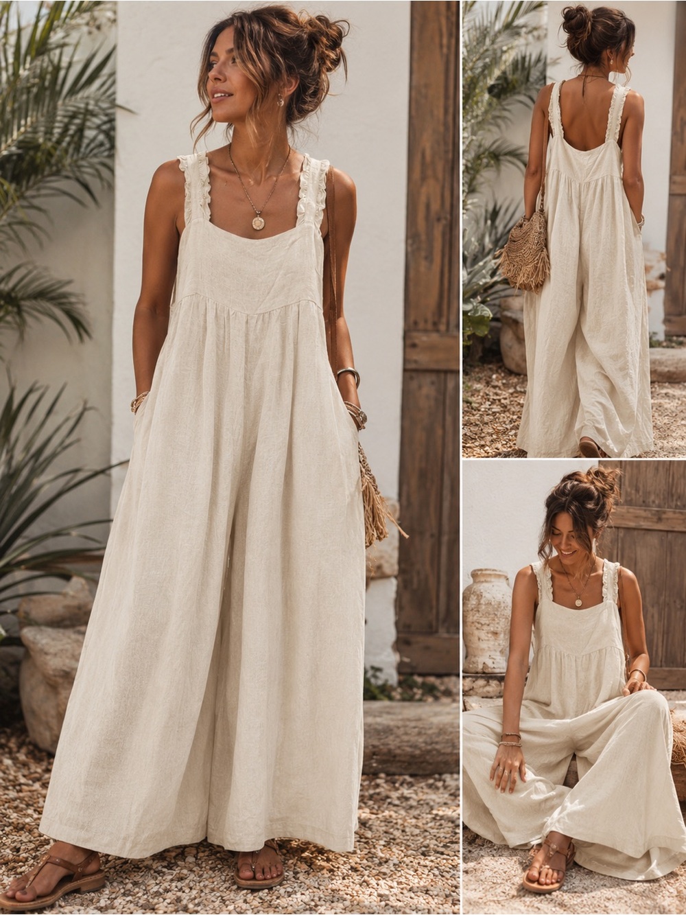 Mod On Trend Linen Wide Leg Overalls Ruffle Strap Boho Cottagecore Pockets Large